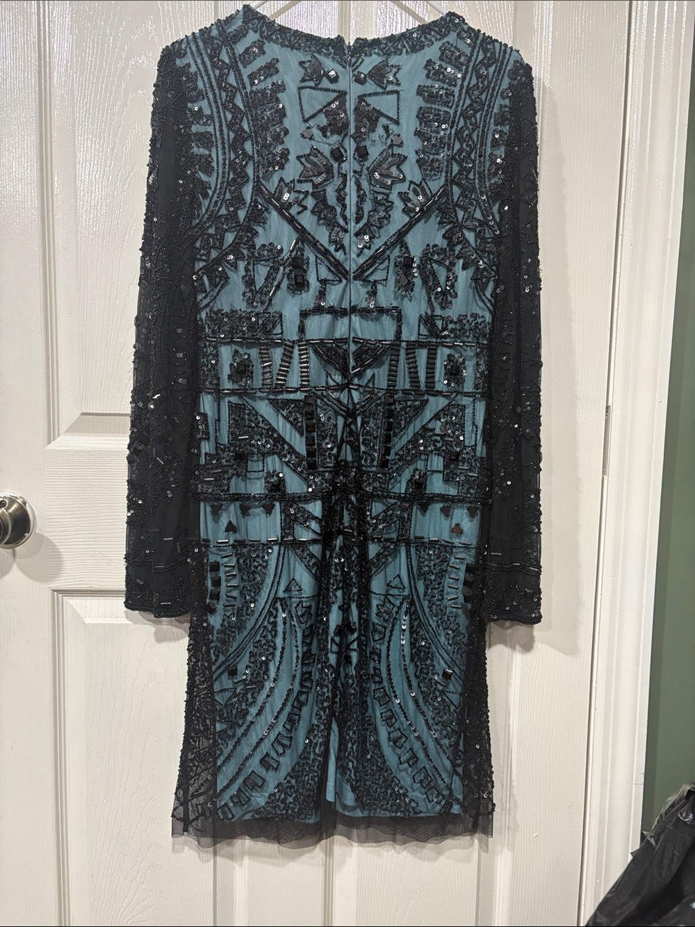 Adrianna Papell Black Beaded Overlay on Teal Long Sleeve Dress - Picture 2 of 3